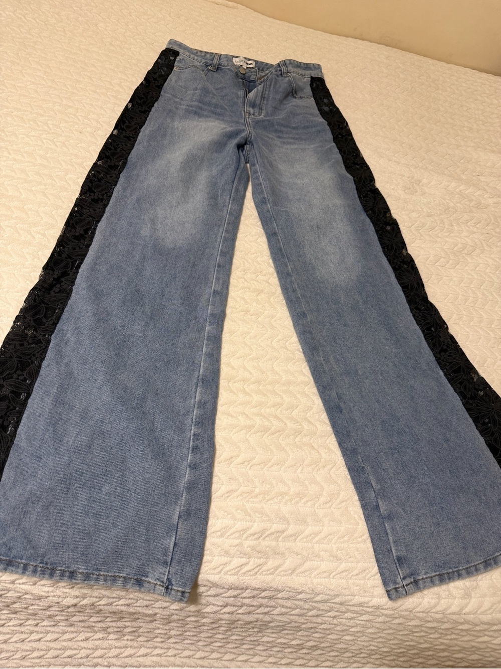 Fashion Nova Light Blue Wide-Leg Jeans with Black Lace Trim